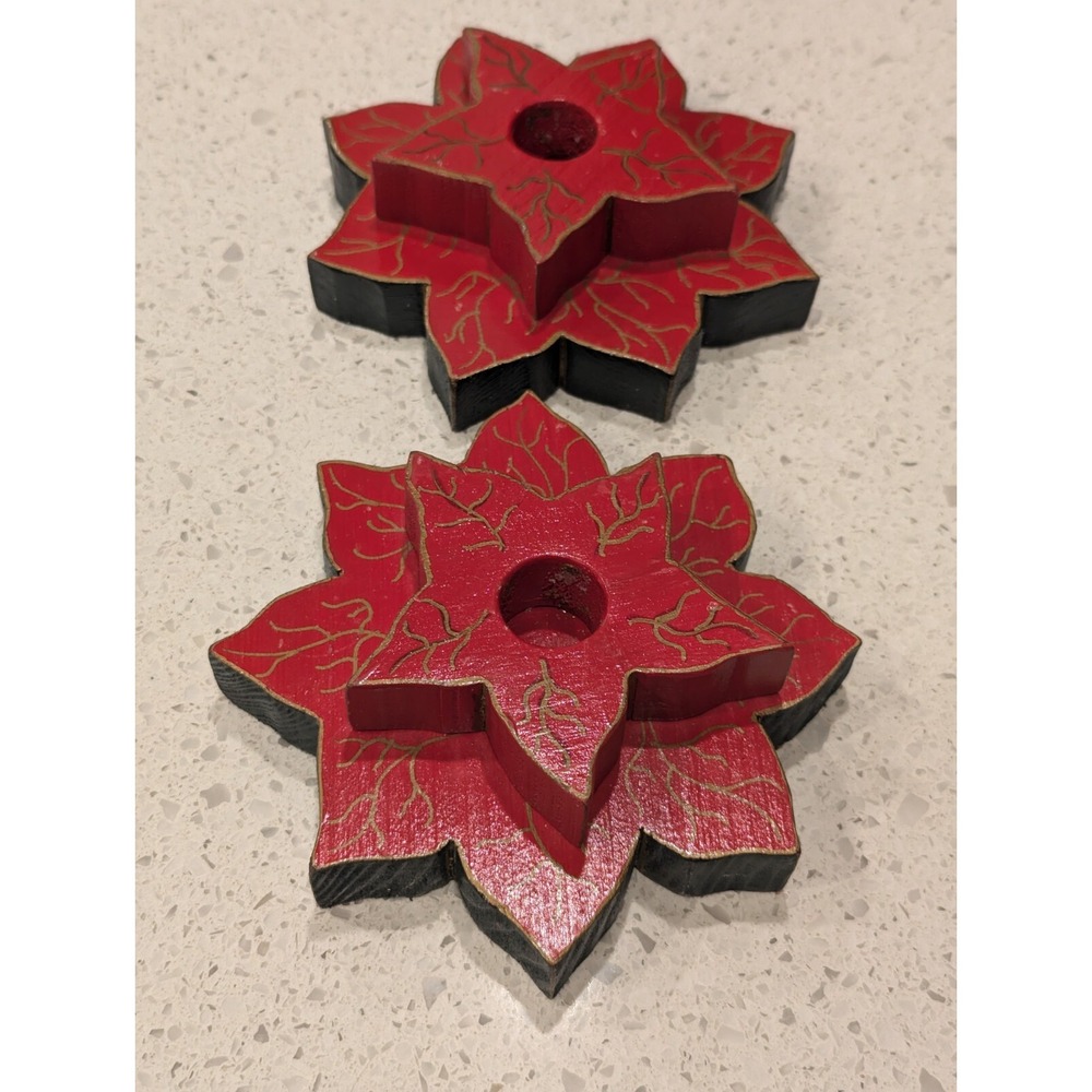 Pair of Vintage Hand Painted‎ Wood Poinsettia Christmas Taper Candle Holders